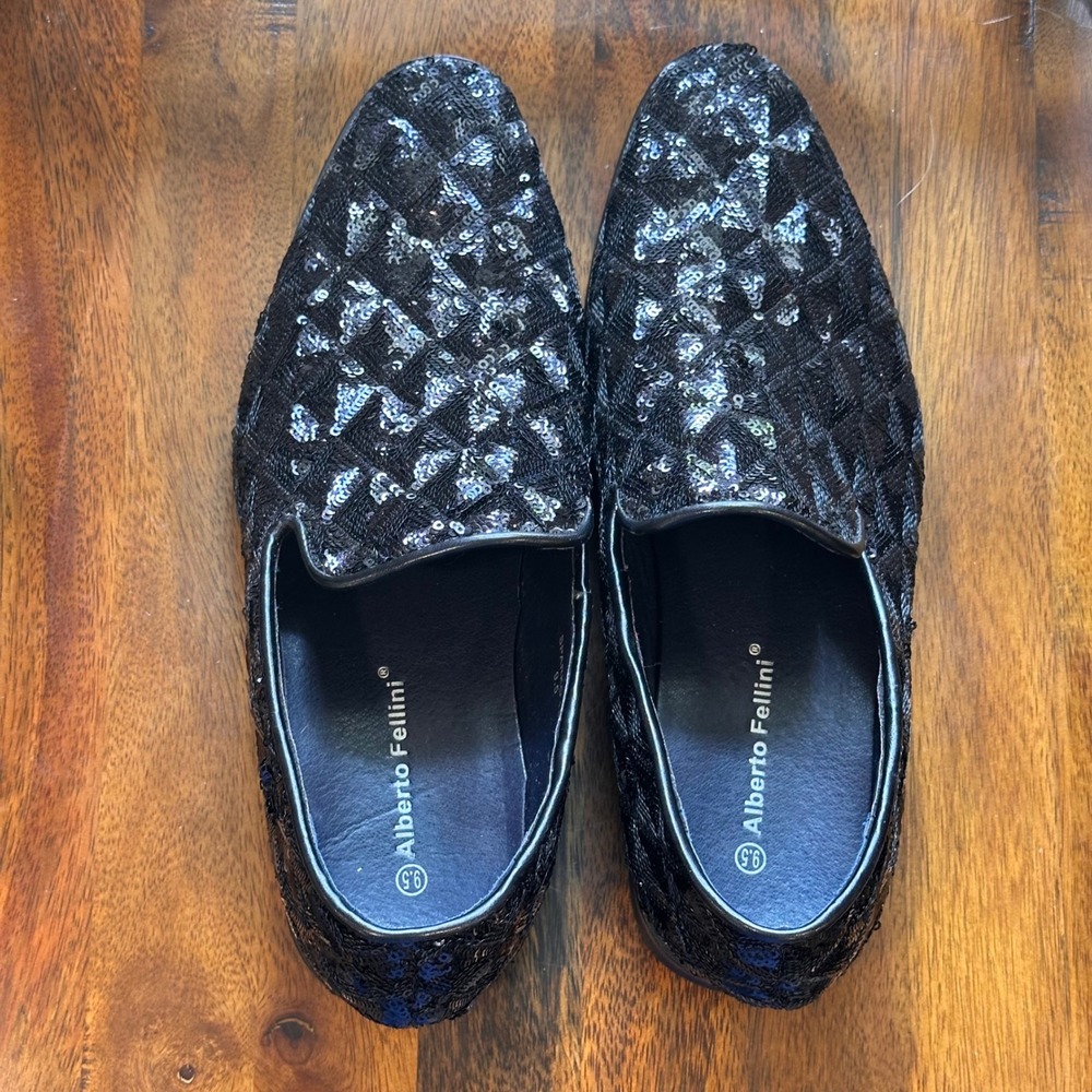 Alberto Fellini Loafers Mens 9.5 Black Sequin Quilted Sparkly Formal Party Shoes